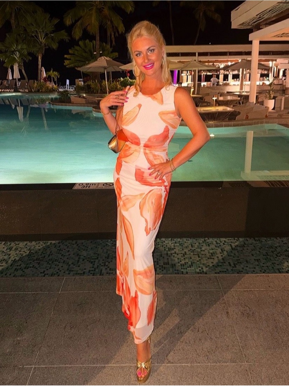 Sleeveless White & Orange Floral Midi Dress